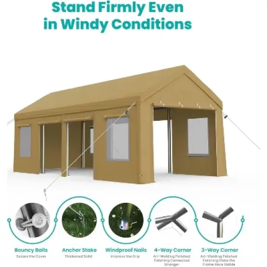 13x25ft Yellow Heavy Duty Carport Canopy, Portable Garage Shelter with Roll-up Windows, Reinforced Frame, Waterproof Cover image {5}