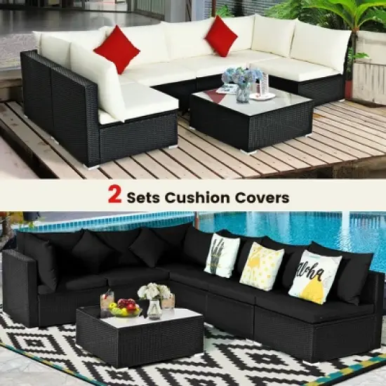 Costway 7PCS Patio Rattan Furniture Set Sectional Sofas Off White & Black Cushion Covers image {4}
