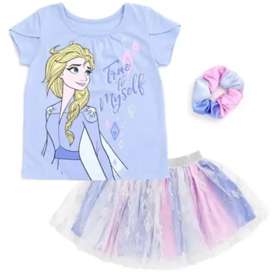 Disney Moana Princess Frozen Rapunzel Jasmine Belle Girls T-Shirt Tulle Skirt and Scrunchie 3 Piece Outfit Set Little Kid to Big Kid image {14}