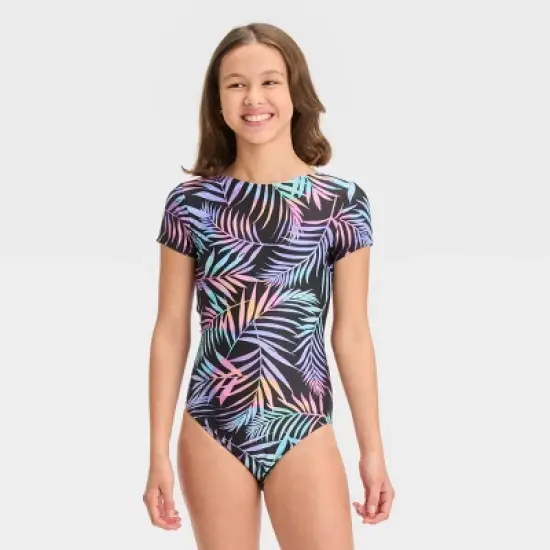 Girls' Electric Palm One Piece Swimsuit - art class&trade; Black image {3}