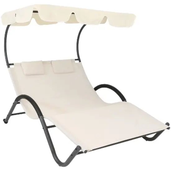 Sunnydaze Outdoor Double Chaise Lounge with Canopy Shade and Headrest Pillows, Beige image {7}
