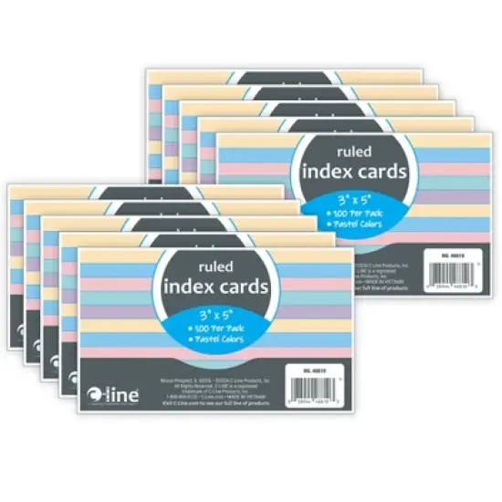 C-Line&reg; Index Cards, 3" x 5", Assorted Colors, Ruled, 100 Per Pack, 10 Packs image {9}