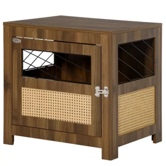 PawHut Dog Crate Furniture with Soft Cushion, Dog Crate End Table with Rattan Decoration, Dog Kennel Furniture Indoors, Walnut image {3}