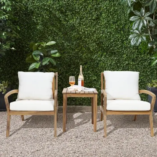 LuxenHome Outdoor Acacia Wood Side Table and Set of 2 Armchairs with White Cushions image {1}