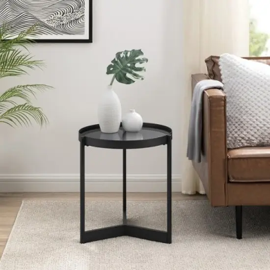 Modern Minimalist Tray Top Round Glass Side Table Black - Saracina Home image {3}