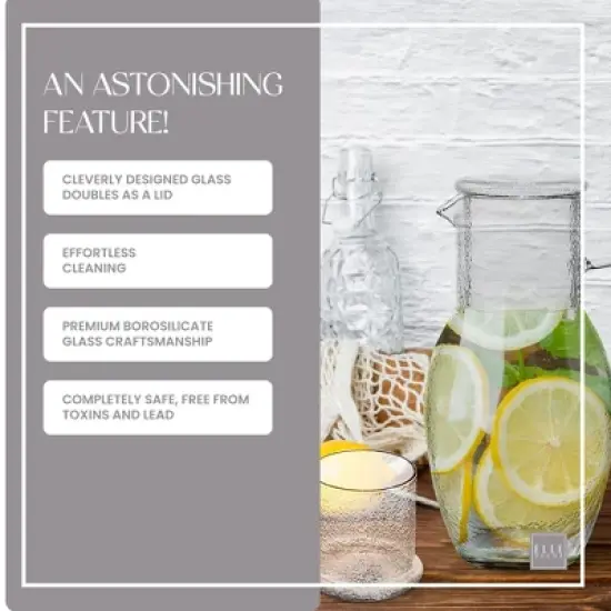 Elle Decor Bedside Pitcher Set, 44-Ounce Carafe with Cup Tumbler Doubles as A Lid, Made of Borosilicate Glass, Clear image {5}