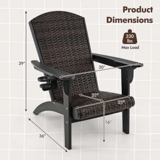 Costway Patio Adirondack Chair with Rattan Padded Seat Wide Armrests & Hidden Cupholder Black/Brown/Gray/White image {2}