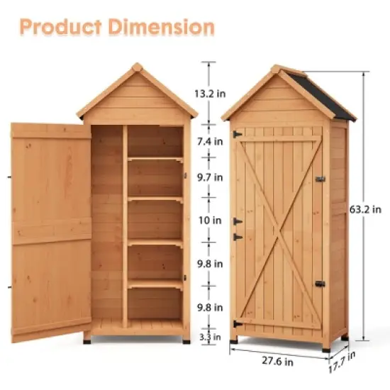 Outdoor Wooden Storage Shed, 63''H Vertical Tool Storage House with Shelves, Large Garden Tools Shed with Lockable Door for Backyard Garden Patio image {1}