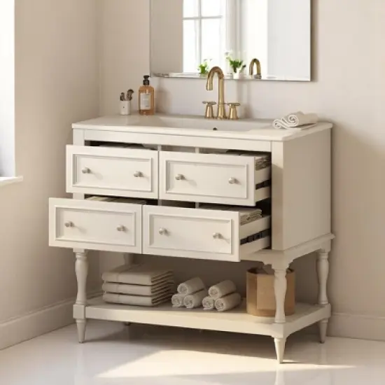 Mshliw 36 Inch Bathroom Vanity with Sink Combo, Modern Freestanding Cabinet with 4 Drawers and Shelf, Solid Wood Frame and Ceramic Basin(Black) image {2}