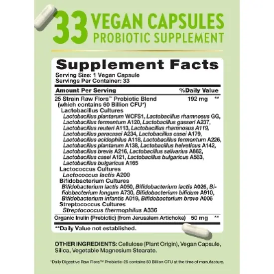 Raw Flora Probiotic with Prebiotics | 60 Billion CFU | 33 Vegan Capsules | by Nature's Truth image {1}