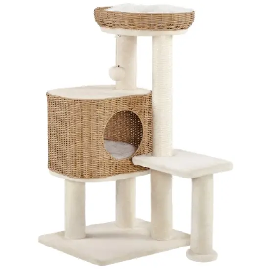 Yaheetech 36&Prime; Tall Rattan Cat Tree with Natural Sisal Scratching Post, Hanging Ball, Condo, Basket, Clear Bowl image {7}