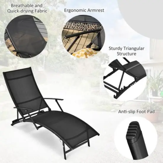 Costway 2PCS Patio Folding Lounge Chair Chaise Recliner Adjustable Stackable W/Armrest image {9}