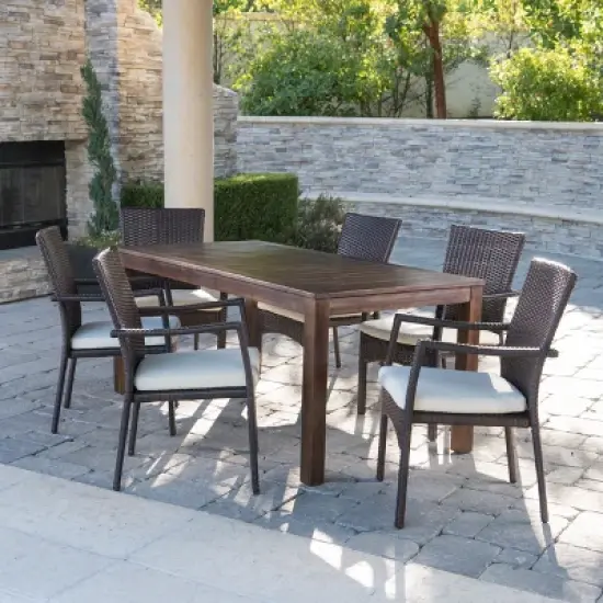 GDFStudio Oswald Outdoor 7 Piece Acacia Wood and Wicker Dining Set with Cushion, Brown/Cream image {11}
