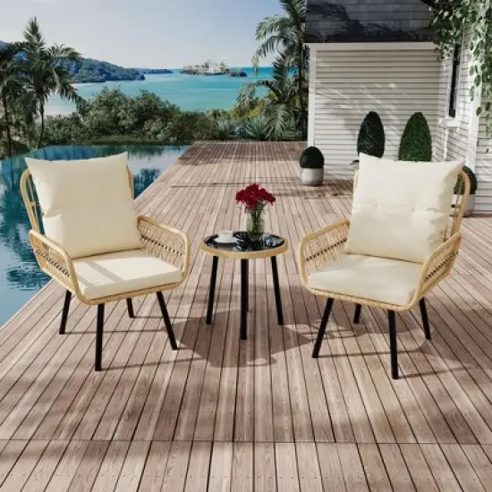 3-Piece Outdoor Bistro Set, Rattan Table and Cushioned Chairs, All-Weather Wicker Patio Conversation Set for Balcony, Porch, or Garden image {4}