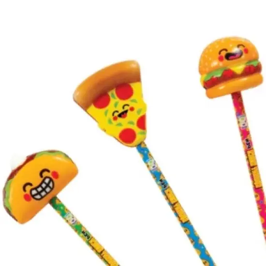 Squishy Snack Pens (3 Pack) - Stress Relief Fidget, Taco, Burger, Pizza Fun Designs, Black Ink (Approx. 8 Inch) image {1}
