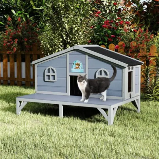 AZL1 Life Concept Pet Crates and Houses All Weather Indoor Outdoor Wooden Cat House with Play Pen, Lockable Doors, Gray, 43.31"*31.1"*29.13" image {1}