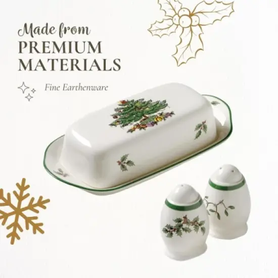 Spode Christmas Tree 3-Piece Hostess Set - Butter Dish with Lid, Salt Shaker, Pepper Shaker  - Dishwasher Safe Collectible Gift Set image {3}