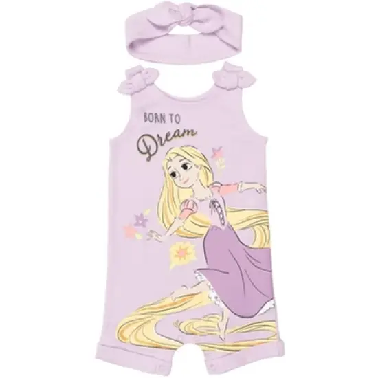 Disney Princess Rapunzel Ariel Belle Jasmine Aurora Baby Girls Snap Romper and Headband Newborn to Toddler image {14}