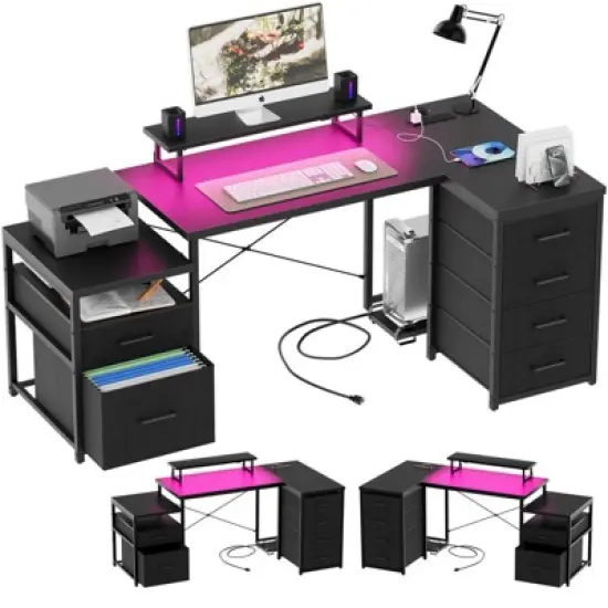 Aheaplus Reversible L Shaped Computer Desk, Home Office Desk with Fabric File Drawers image {8}