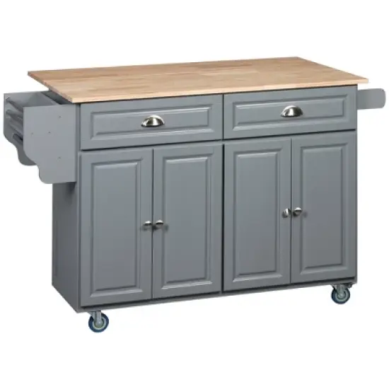 HOMCOM Rolling Kitchen Island on Wheels Utility Cart with Drop-Leaf and Rubber Wood Countertop, Storage Drawers, Door Cabinets, Dark Gray image {3}