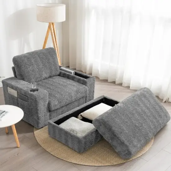 Whisen Oversized Faux Rabbit Fur Chaise Lounge with Storage Ottoman and Armrests, Upholstered Sleeper Sofa Bed with Cup Holders image {17}