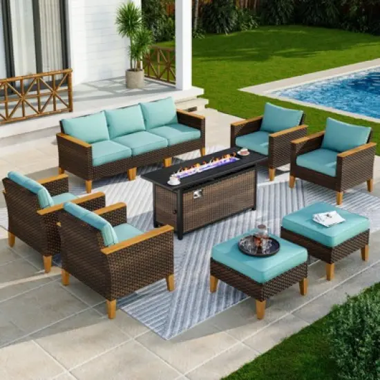 Captiva Designs 10pc Wicker Outdoor Patio Rattan Sectional Conversation Set with Fire Pit Table and Cushioned Ottoman image {14}