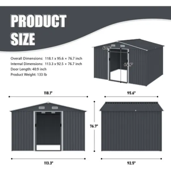 Outdoor Storage Shed 8 x 10 FT Tool Sheds, Heavy Duty Storage House with Sliding Doors with Air Vent for Backyard Patio Lawn to Store Bikes,Grey image {1}