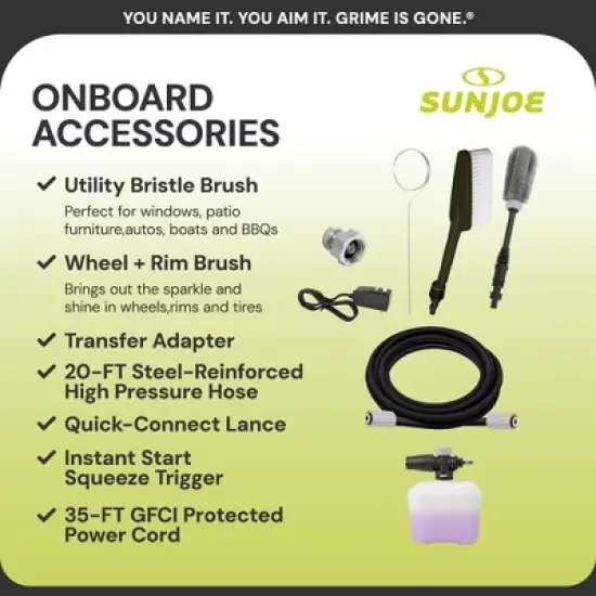 Sun Joe XTREAM Electric Pressure Washer, 4 Nozzle Foam Cannon with Wheels and Bristle Brushes, 20 ft Hose and 35 ft Power Cord, SPX3000-XT1 image {4}