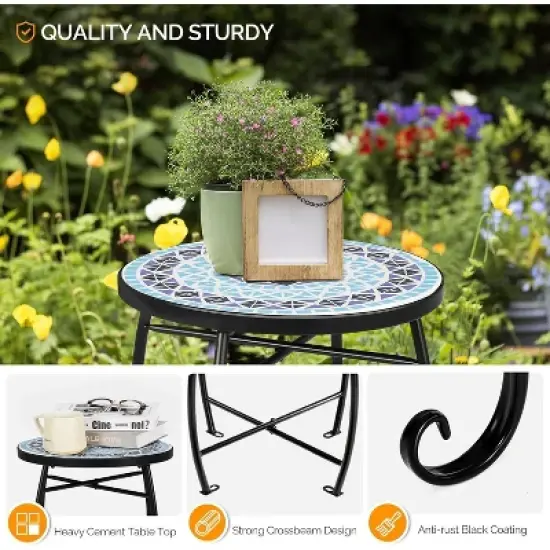 VINGLI Mosaic Accent Table, 14" Round Side Table End Table, Plant Stand Decor for Patio Porch Beach Theme Balcony Back Deck Pool Indoor Outdoor Coffee image {4}