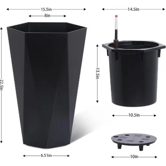 Acekool Set of 2 Self-Watering 16" Tall Planters with Wheels, Water Level Monitor, Large Indoor Outdoor Flower Pots, Drainage, Black image {2}