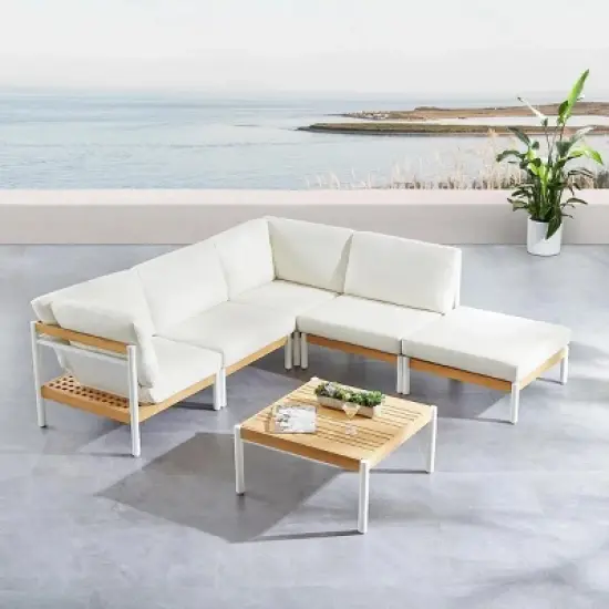 Modular Outdoor Corner Sofa Set Wood Grain Texture Sectional w/ Chaise Longue & Ottoman + Square Coffee Table image {1}