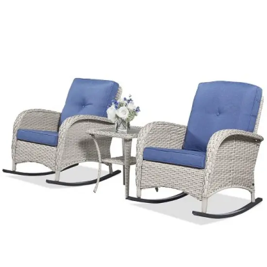 Bestier Wicker Patio Rocking Chairs Set - 3 Pieces Porch Bistro Set with High Back Outdoor Rocker Chairs with Side Table for Deck Balcony image {5}