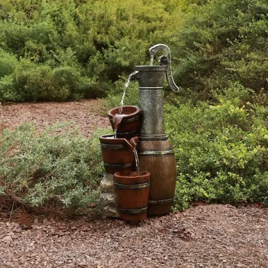 24" Vintage Barrel Water Pump With Buckets Fountain - Alpine Corporation image {1}