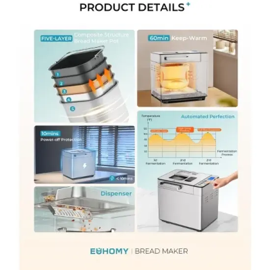 Simzlife 25 in 1 Bread Maker, 3 Loaf Sizes, Preprogrammed Menu, Delay Timer, Digital Control, Stainless Steel, Compact Machine, for Beginner, Silver image {6}