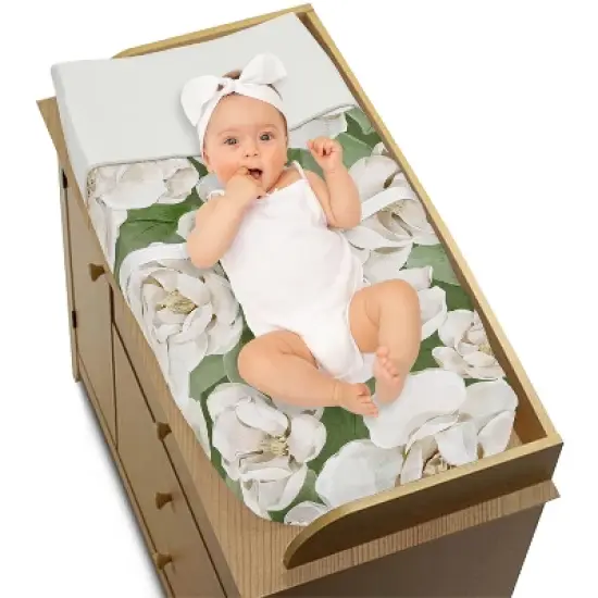 Sweet Jojo Designs Girl Changing Pad Cover Watercolor Magnolia Green and Ivory image {1}