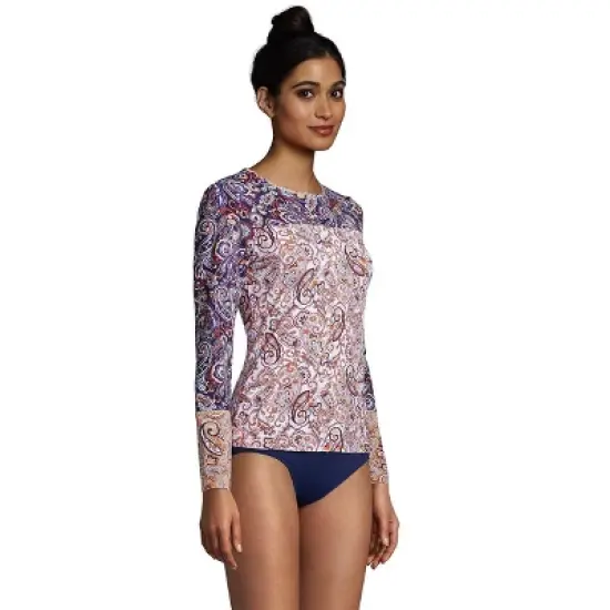 Lands' End Women's Long Crew Neck Long Sleeve Rash Guard UPF 50 Sun Protection Modest Swim Tee image {2}