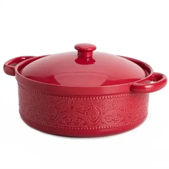 Itopfox Lace Emboss Casserole Dish with Lid, 2 Quart Ceramic Round Serving Dish for Oven to Table, Dinner and Party, Christmas Gifts in Classic Red image {6}