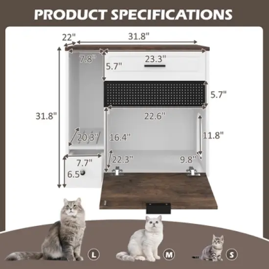 JUJABU Indoor Hidden Cat Litter Box Furniture with 2 Drawers & Door, Cat House End Table for Living Room - White & Brown image {3}