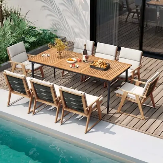 Costway 79" Outdoor Dining Table for 8 Acacia Wood Patio Table with 1.9" Umbrella Hole image {3}