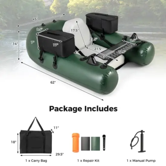 Costway Inflatable Fishing Float Tube with Fish Ruler Angling Base 2 Storage Pockets Pump image {2}