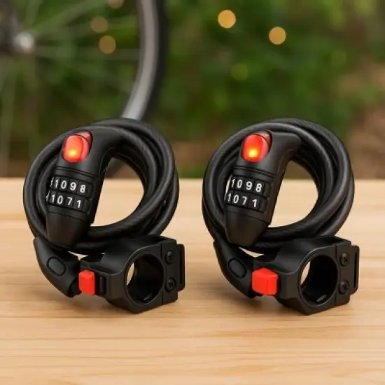 Self-Coiling Bike Cable Lock with LED Light &ndash; Resettable Combination, Steel Braided Security, Includes Mounting Bracket for Bikes & Scooters image {1}