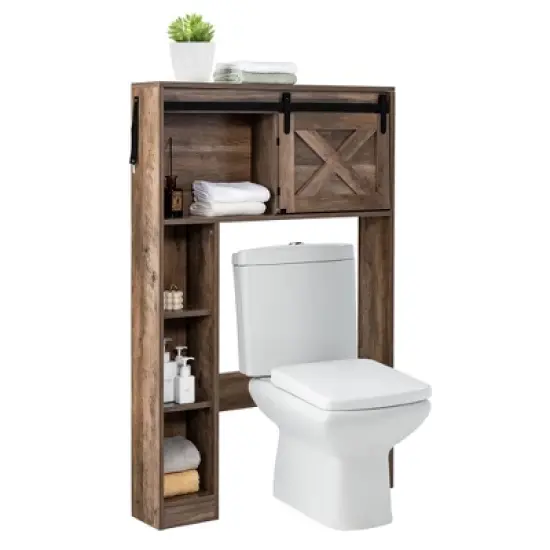 Costway Over the Toilet Bathroom Storage Cabinet with Sliding Barn Door Rustic Brown image {9}