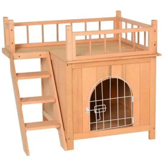 Resenkos Dog House, Pet House,Dog Cave,2-Level Wooden Cat House, Outdoor Dog Shelter Cat Condo with Lockable Wire Door, Natural Wood image {2}