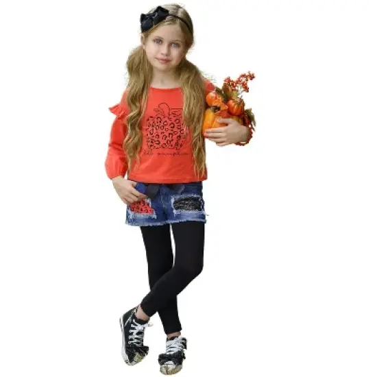 Girls Hello Pumpkin Top, Patched Denim Shorts & Legging Set Mia Belle Girls, Orange, 10 image {1}