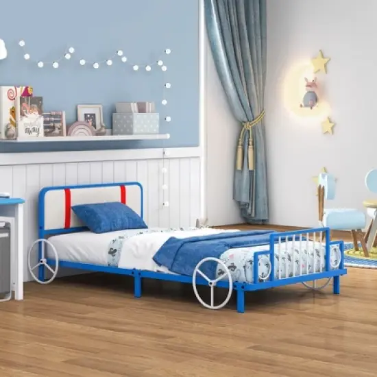 Tangkula Twin Size Kids Bed Frame Car Shaped Metal Platform Bed w/ Upholstered Headboard image {9}
