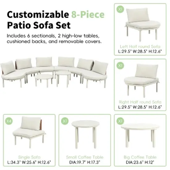FIONECA 8-Piece Half Moon Outdoor Sectional Sofa Set with 2 Coffee Tables, Beige PE Wicker Patio Furniture with Cushions & 6 Pillows image {3}
