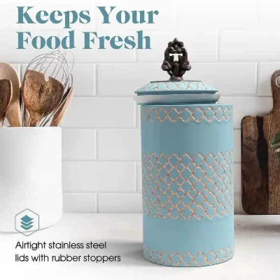 American Atelier 2-Piece Ceramic Canister Jars w/ Engraved Design & Airtight Stainless-Steel Lids For Sugar, Flour, Coffee & More, Blue image {7}