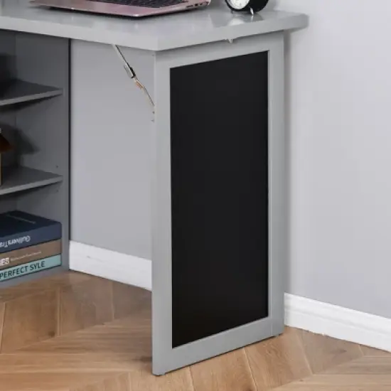 HOMCOM Fold-out Convertible Writing Table Wall Mount Desk Cabinet with Blackboard and Side Shelf Multi-Function Home Office Workstation, Gray image {5}