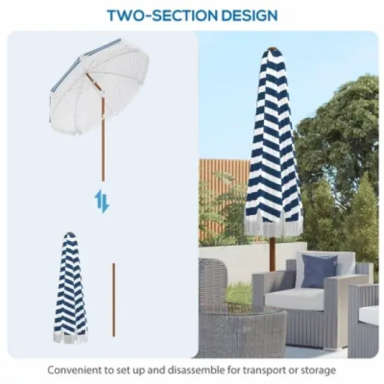Outsunny Outdoor Umbrella with Tilt, Vent, Fringed Ruffles, Flounce for Table, Deck Parasol, Blue Strip image {4}