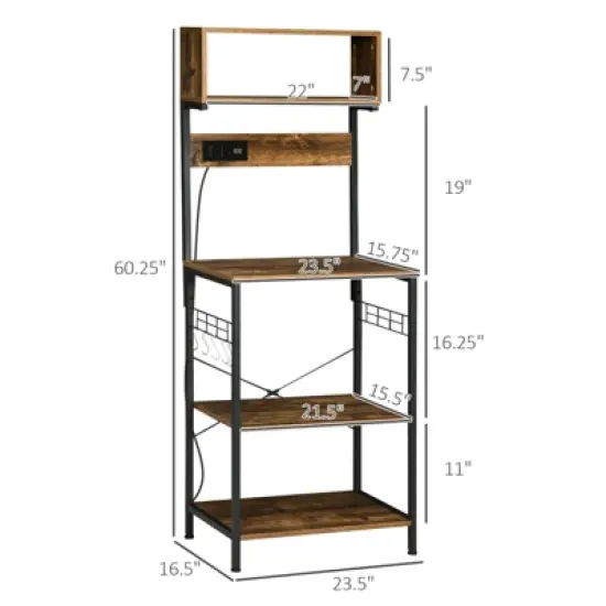 SEVOBAL Bakers Racks Kitchen Storage Stand Freestanding Rack with Adjustable Shelves and Hooks for Living Space, Rustic Brown, 23.5"*16.5"*60.3" image {4}